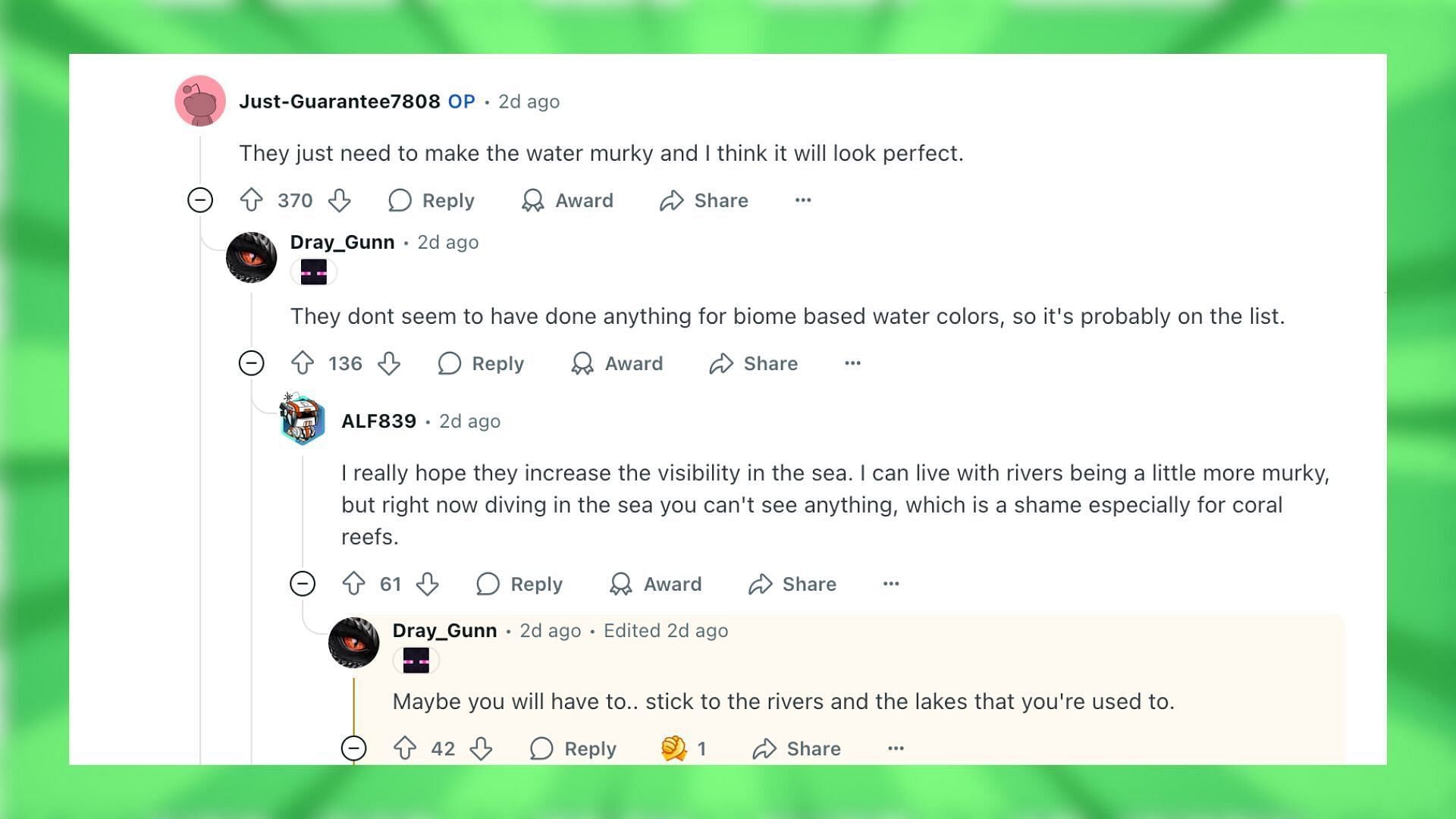 Redditors react to the swamp biome with the Vibrant Visuals shaders (Image via Reddit)